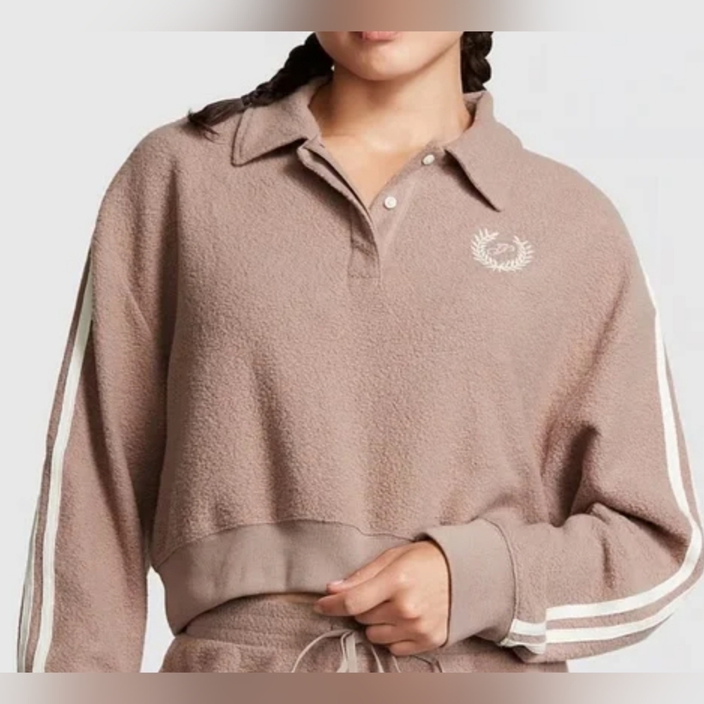 Victorias Secret PINK Fleece Varsity Cropped Sweatshirt Sz L Brown Sherpa Henley - Picture 2 of 9